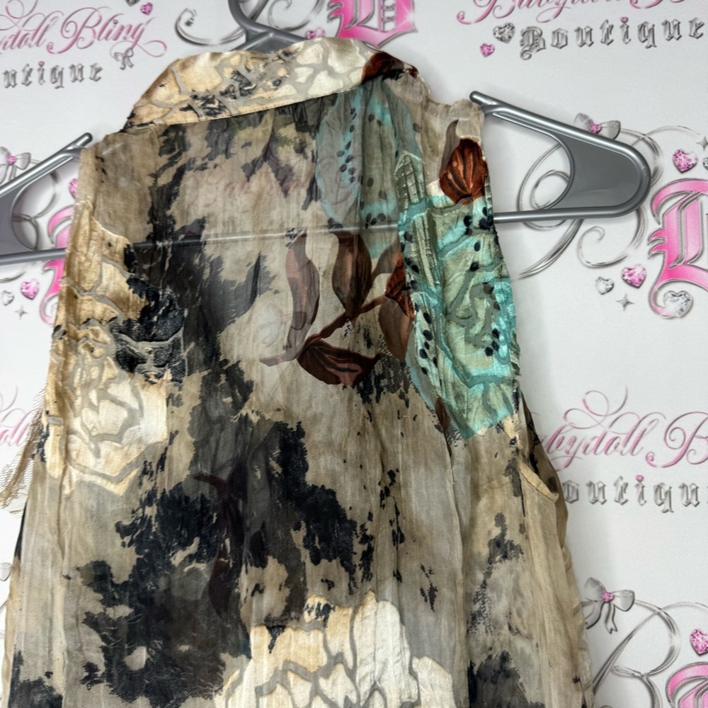 Ness Multicolor Sleeveless Blouse floral silk button ruffle frilly frills shiny - Picture 11 of 12